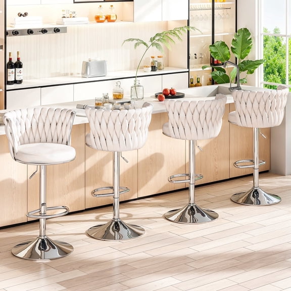 Baxluxe Velvet Bar Stools Set of 4, Swivel Counter Height Bar Chairs with Footrest, Adjustable High Stools Bar Chairs Pub Stools, Island Stools Bar Height Chairs for Kitchen Island, Pub, Beige