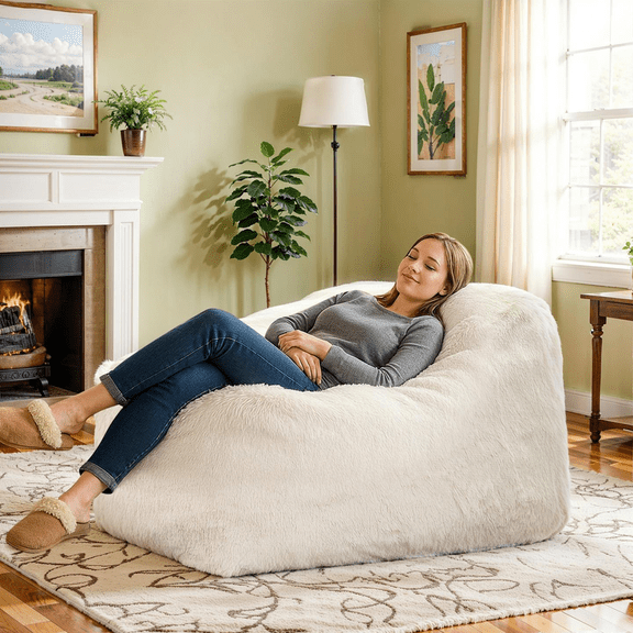 Baxluxe Velvet Bean Bag Chair for Adults, Fluffy 4 Feet Sofa Chair with Memory Foam Filled, Cozy Soft Lazy Lounger Recliner Chair, Accent Beanbag Chair for Reading, Living Room, Bedroom, Beige