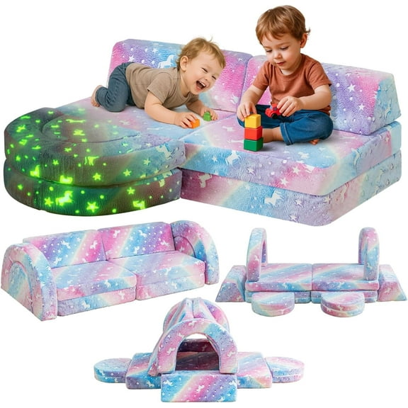 Baxluxe Velvet Modular Kids Sofa Set, 10 Pieces Convertible Children Play Couch Sofa Chairs, Instant Rebound Toddler Couch, Folding Kids Couch Flip Open Sofa, for Playroom, Bedroom Furniture, Rainbow