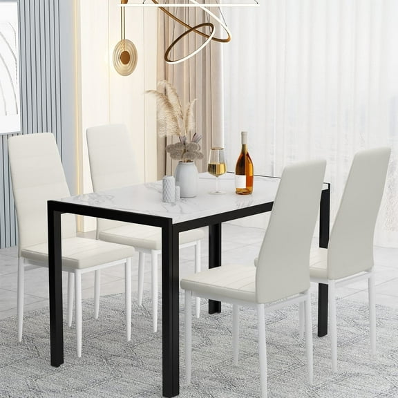 Baxluxe White Dining Table Set for 4, 5 Pieces Modern Kitchen Table and Chairs Set, Rectangle Dining Table with 4 PU Leather Dining Chairs, Faux Marble Dining Room Set for Home, Pub, White
