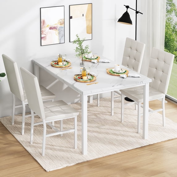Baxluxe Marble Dining Table Set for 4, Faux Marble Kitchen Table and Chairs Set, Rectangle Dining Table with 4 Leather Dining Chairs, 5 Pieces Dinette Sets for Breakfast Nook, Apartment, White