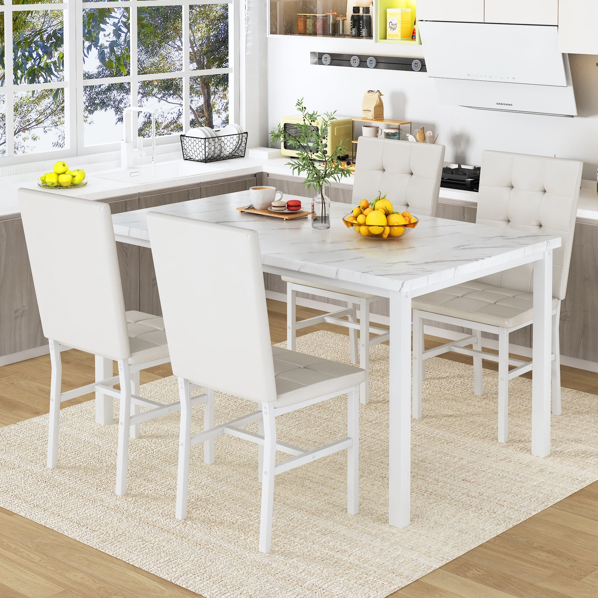 Baxluxe White Dining Table Set for 4, Rectangular Faux Marble Kitchen Table and Chairs Set ...
