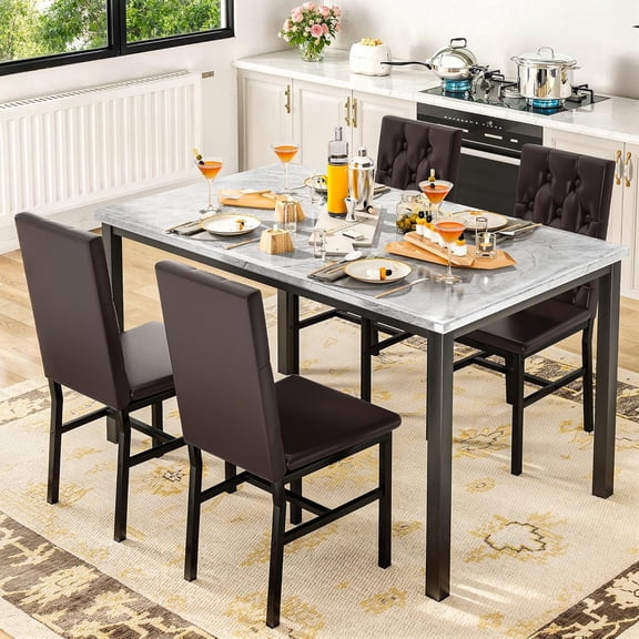 Baxluxe four-person dining table and chair set, marble kitchen dining table and chair set, equipped with leather cushioned dining chairs, suitable for kitchens and restaurants, apartments brown/grey