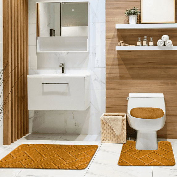 Baxter 3 Piece Bathroom Rug Set, Modern Brick Design Soft Bath Rug, Contour Rug & Universal Lid Cover Apricot