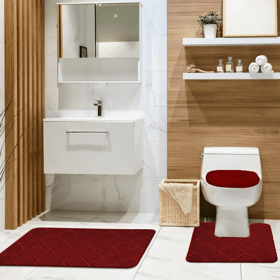 Baxter 3 Piece Bathroom Rug Set, Modern Brick Design Soft Bath Rug, Contour Rug & Universal Lid Cover Burgundy