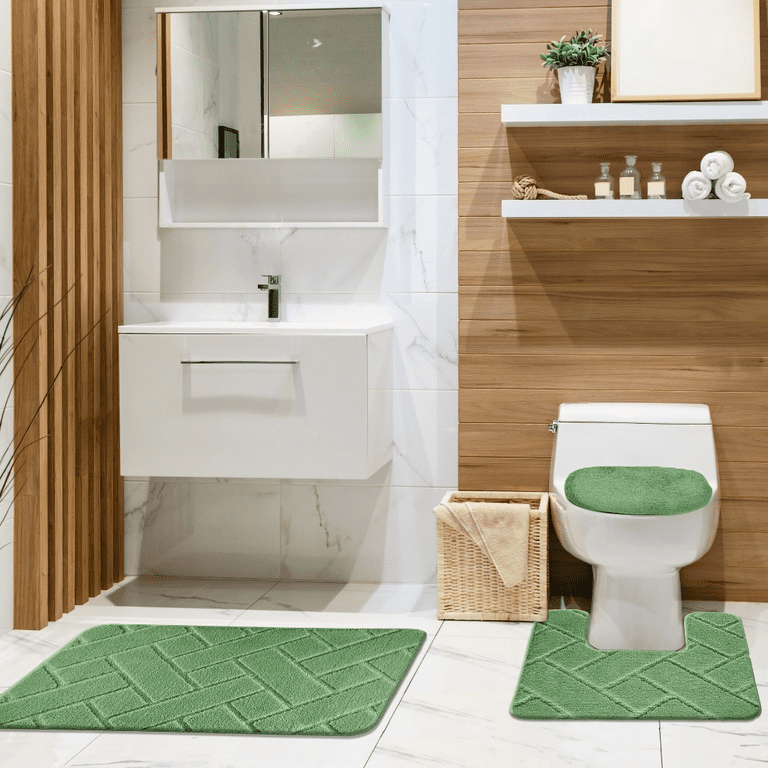 Baxter 3 Piece Bathroom Rug Set, Modern Brick Design Soft Bath Rug, Contour  Rug & Universal Lid Cover Sage