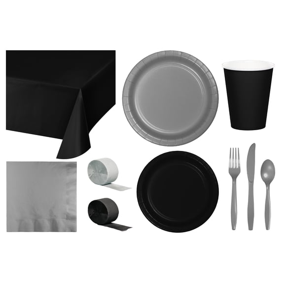 Baxters Party Bundle Bulk, Tableware for 24 People Black and Silver, 2 Size Plates Napkins, Paper Cups Tablecovers and Cutlery, Box of 199