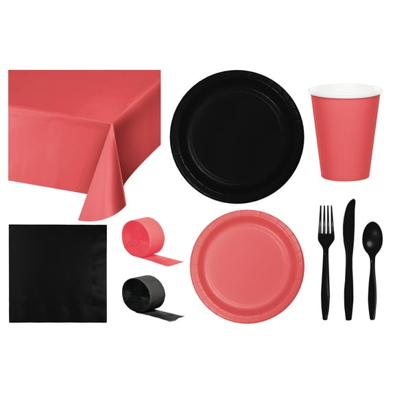 Baxters Party Bundle Bulk, Tableware for 24 People Coral and Black, 2 Size Plates Napkins, Paper Cups Tablecovers and Cutlery, Box of 199