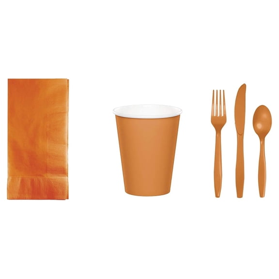 Baxters Party Bundles Bulk, Pumpkin Spice, 50 Count Paper Dinner Napkins, 48 Count 9 Ounce Paper Hot/Cold Cups, Heavyweight Plastic Cutlery for 48 People, Box of 242