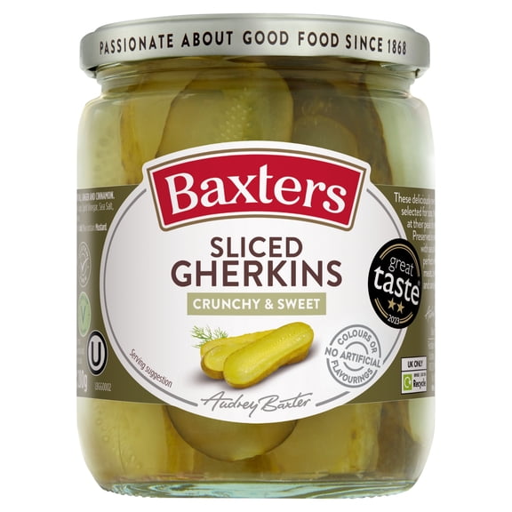 Baxters Sliced Crunchy Sweet Gherkin 500g, Imported from Britain