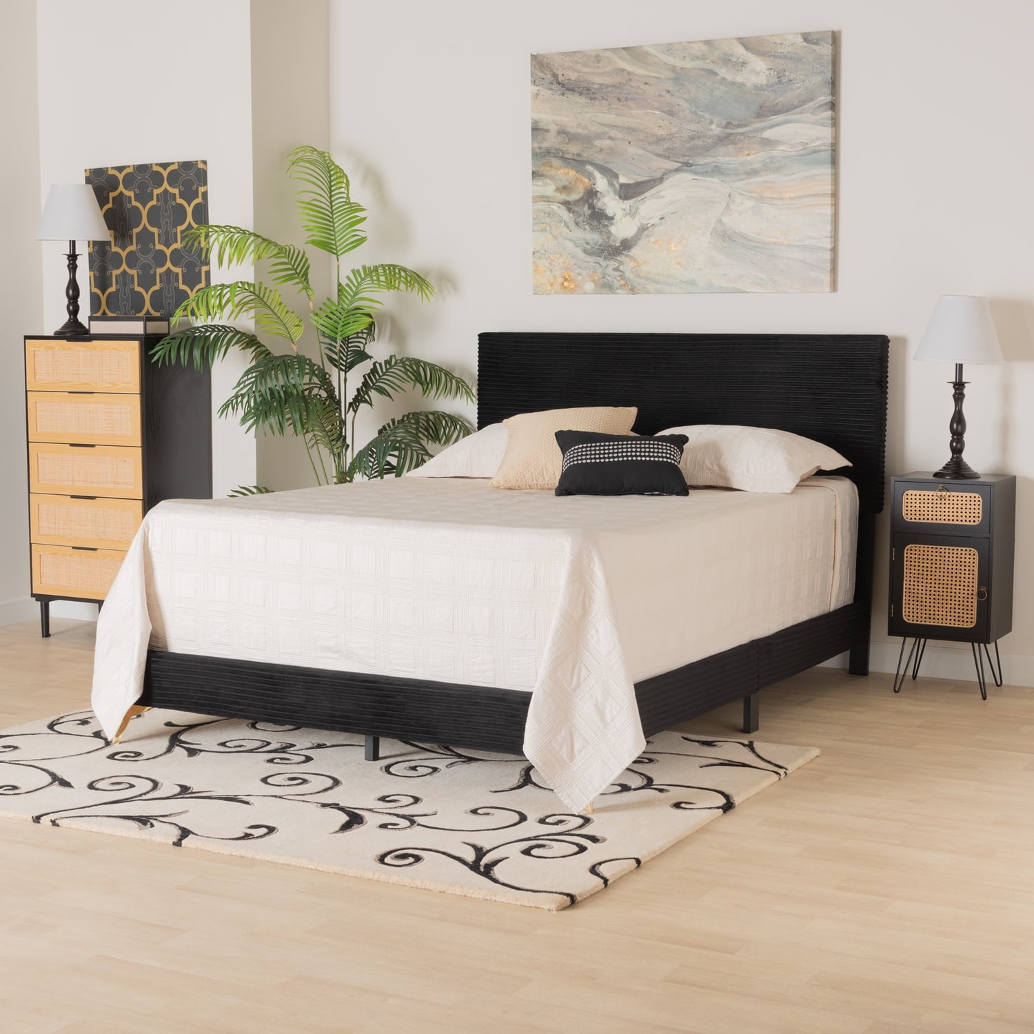 Glamorous Abberton Black Velvet Queen Size Panel Bed with Gold Metal Legs