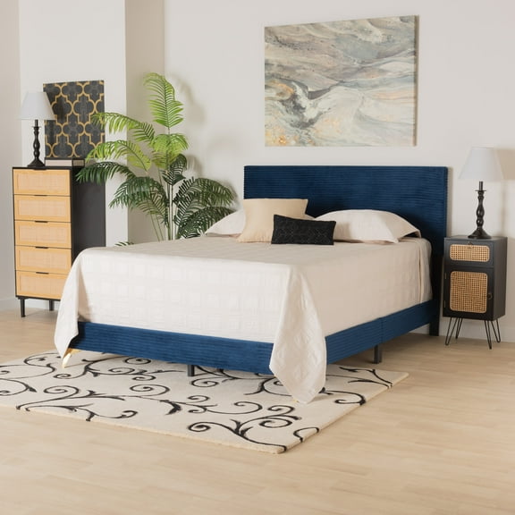 Baxton Studio Abberton Modern and Contemporary Navy Blue Velvet and Gold Metal Queen Size Panel Bed