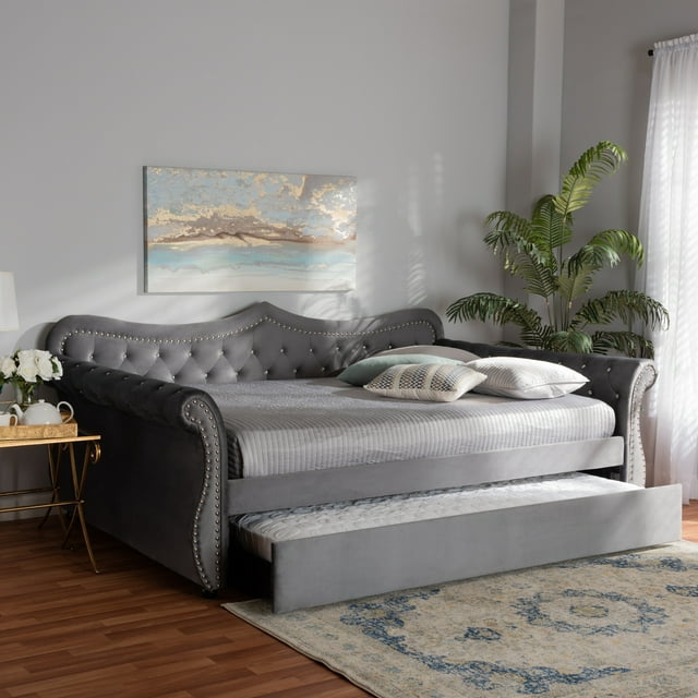 Baxton Studio Abbie Grey Velvet Upholstered and Crystal Tufted Queen Daybed with Trundle