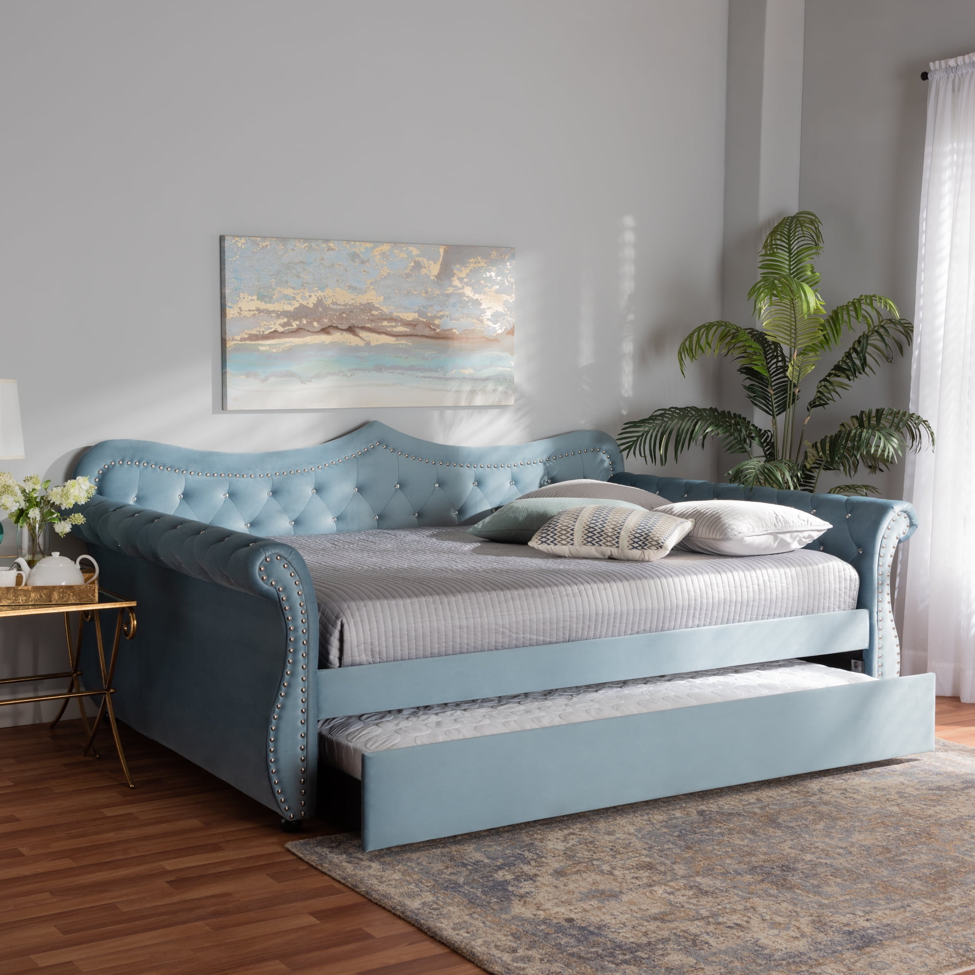Baxton Studio Abbie Light Blue Velvet Upholstered and Crystal Tufted ...
