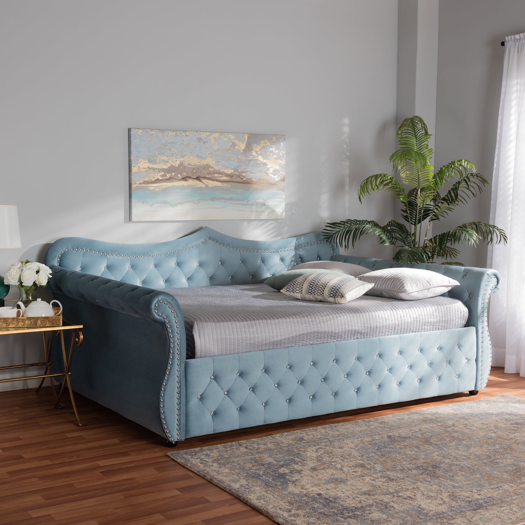 Baxton Studio Abbie Light Blue Velvet Upholstered and Crystal Tufted Queen Daybed