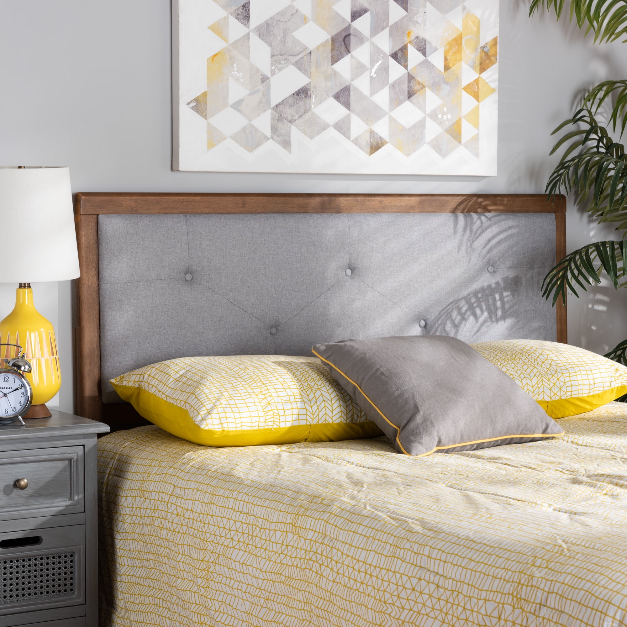 Baxton Studio Abner Modern and Contemporary Transitional Light Grey Fabric Upholstered and Walnut Brown Finished Wood Queen Size Headboard