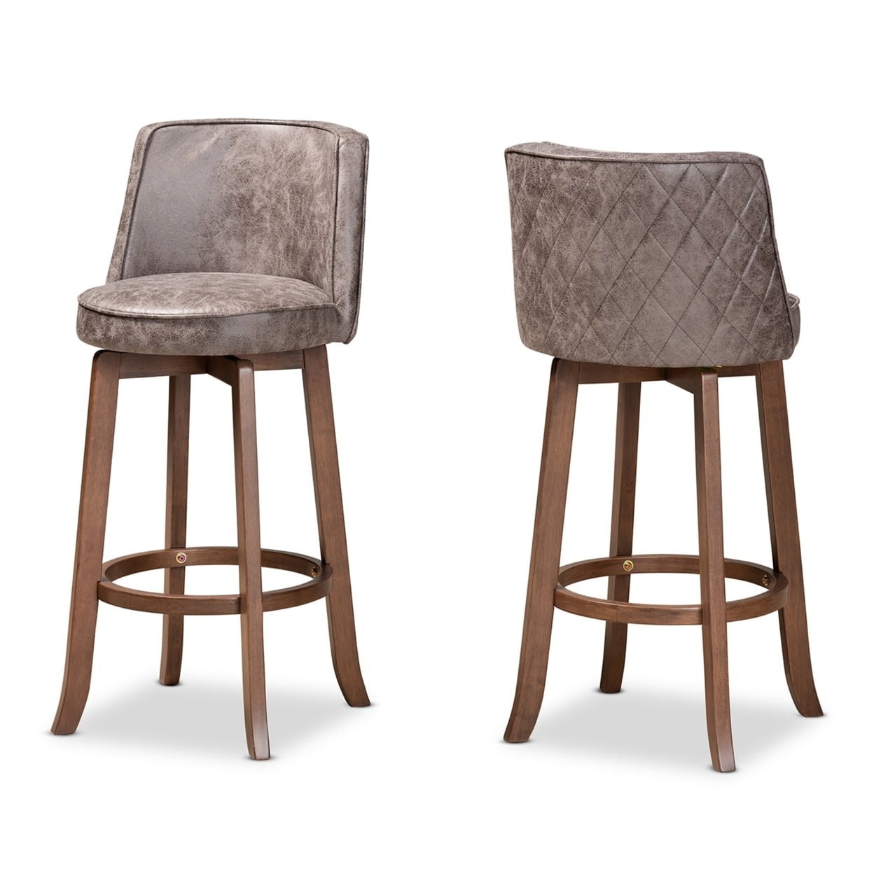 Adams Walnut Brown Swivel Bar Stools with Grey Upholstery, Set of 2