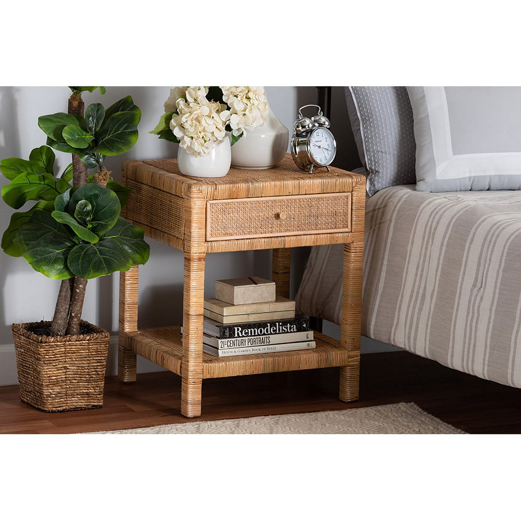 Baxton Studio Adelia Natural Rattan & Mahogany Wood Nightstand - Modern ...