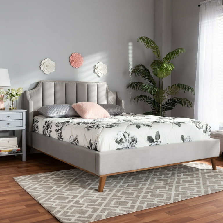 Baxton Studio Adelie Modern Glam Light Grey Velvet Fabric Upholstered Walnut Brown Finished Wood King Size Wingback Platform Bed Baxton Studio Adelie Modern Glam Light Grey Velvet Fabric Upholstered Walnut Brown Finished Wood King Size Wingback Platform Bed