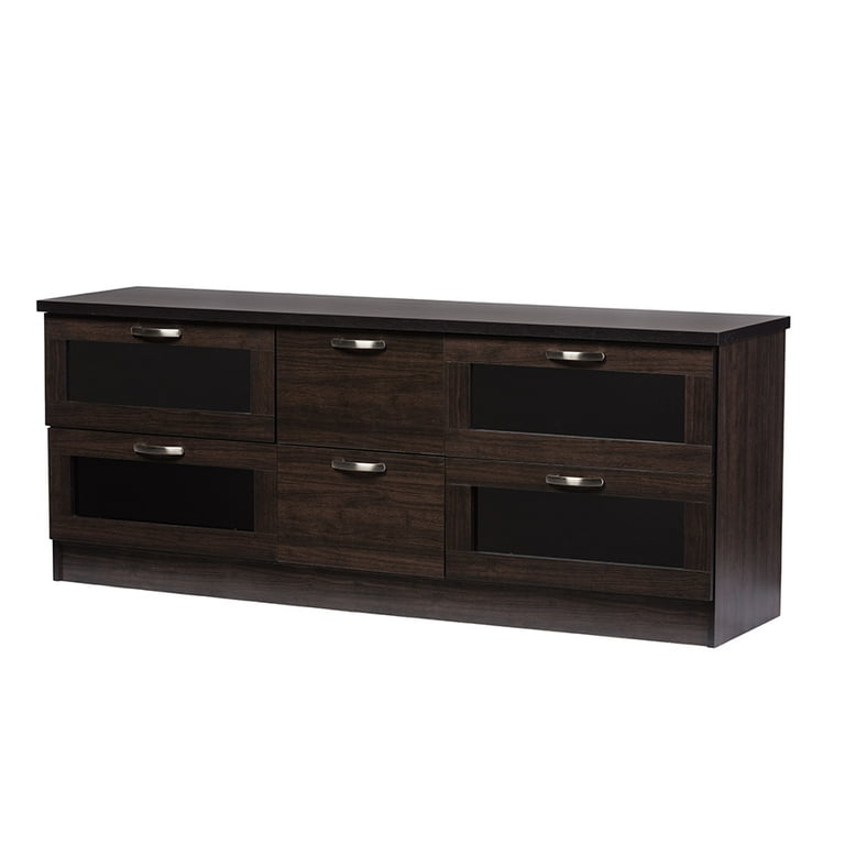 Baxton Studio Adelino 63 Inches Dark Brown Wood TV Cabinet with 4 Glass Doors and 2 Drawers Baxton Studio Adelino 63 Inches Dark Brown Wood TV Cabinet with 4 Glass Doors and 2 Drawers