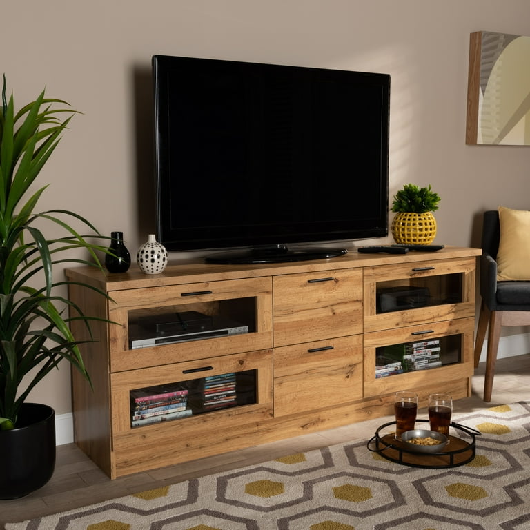 Baxton Studio Adelino 63 Inches Dark Brown Wood TV Cabinet with 4 Glass Doors and 2 Drawers Baxton Studio Adelino 63 Inches Dark Brown Wood TV Cabinet with 4 Glass Doors and 2 Drawers