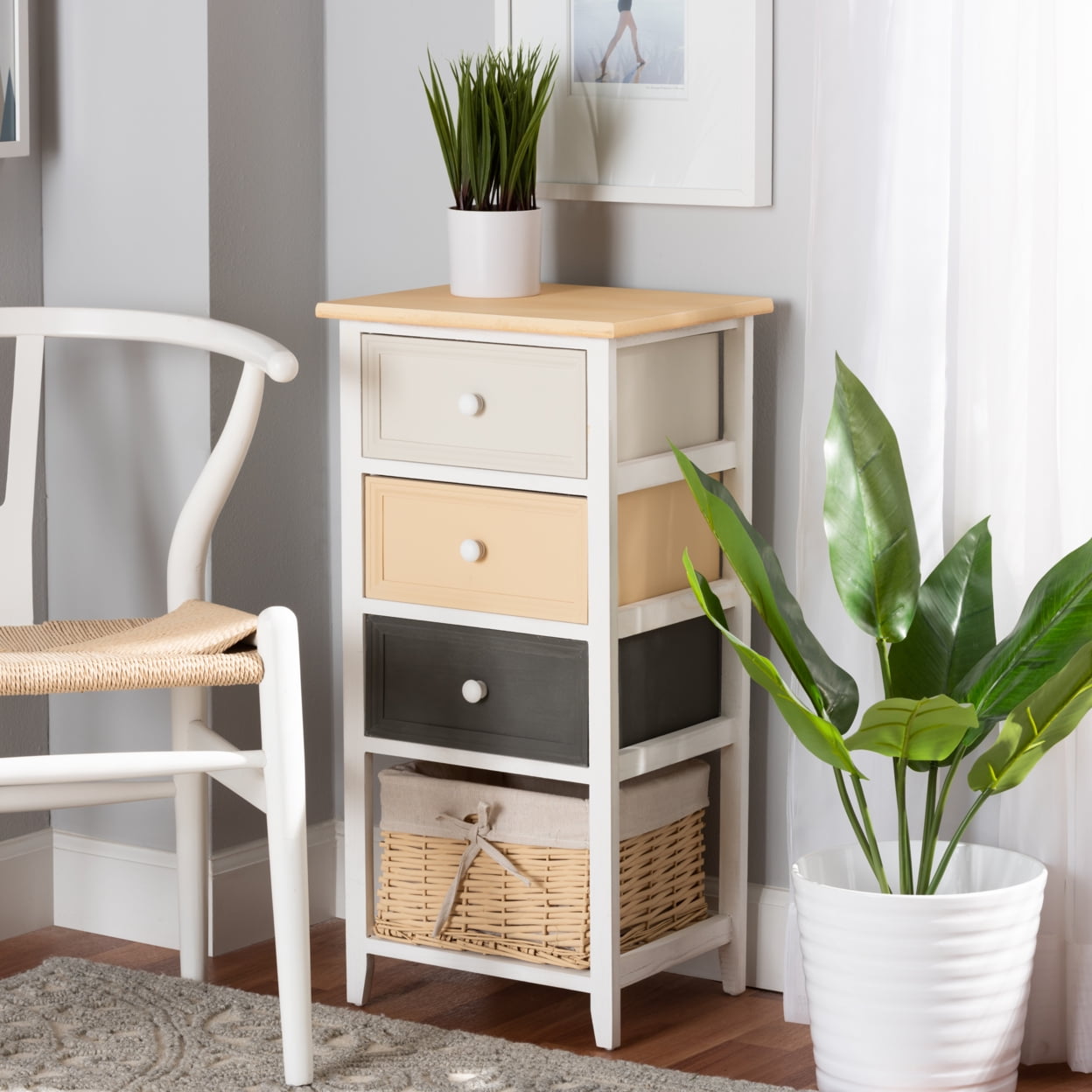 Baxton Studio Adonis Mid-Century Modern Transitional Multi-Colored Wood 3-Drawer Storage Unit with Basket,Wholesale