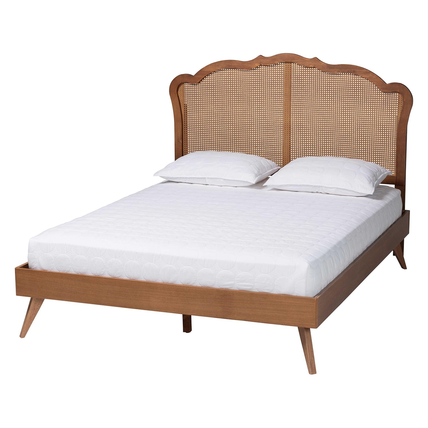 King Walnut Brown Wood and Rattan Platform Bed with Slats