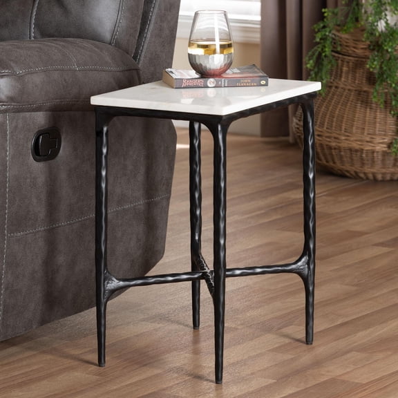 Baxton Studio Akanji Marble End Table - Modern Rustic Accent Table with Hand-Forged Metal Frame for Living Room or Seating Areas, Rectangle