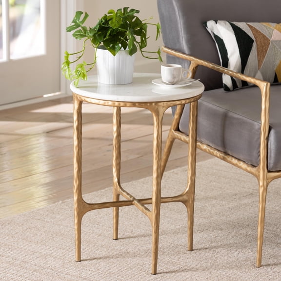 Baxton Studio Akanji Marble End Table - Modern Rustic Accent Table with Hand-Forged Metal Frame for Living Room or Seating Areas, Round