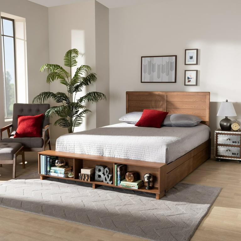 Baxton Studio Alba Modern Transitional Ash Walnut Brown Finished Wood King Size 4-Drawer Platform Storage Bed with Built-In Shelves Baxton Studio Alba Modern Transitional Ash Walnut Brown Finished Wood King Size 4-Drawer Platform Storage Bed with Built-In Shelves