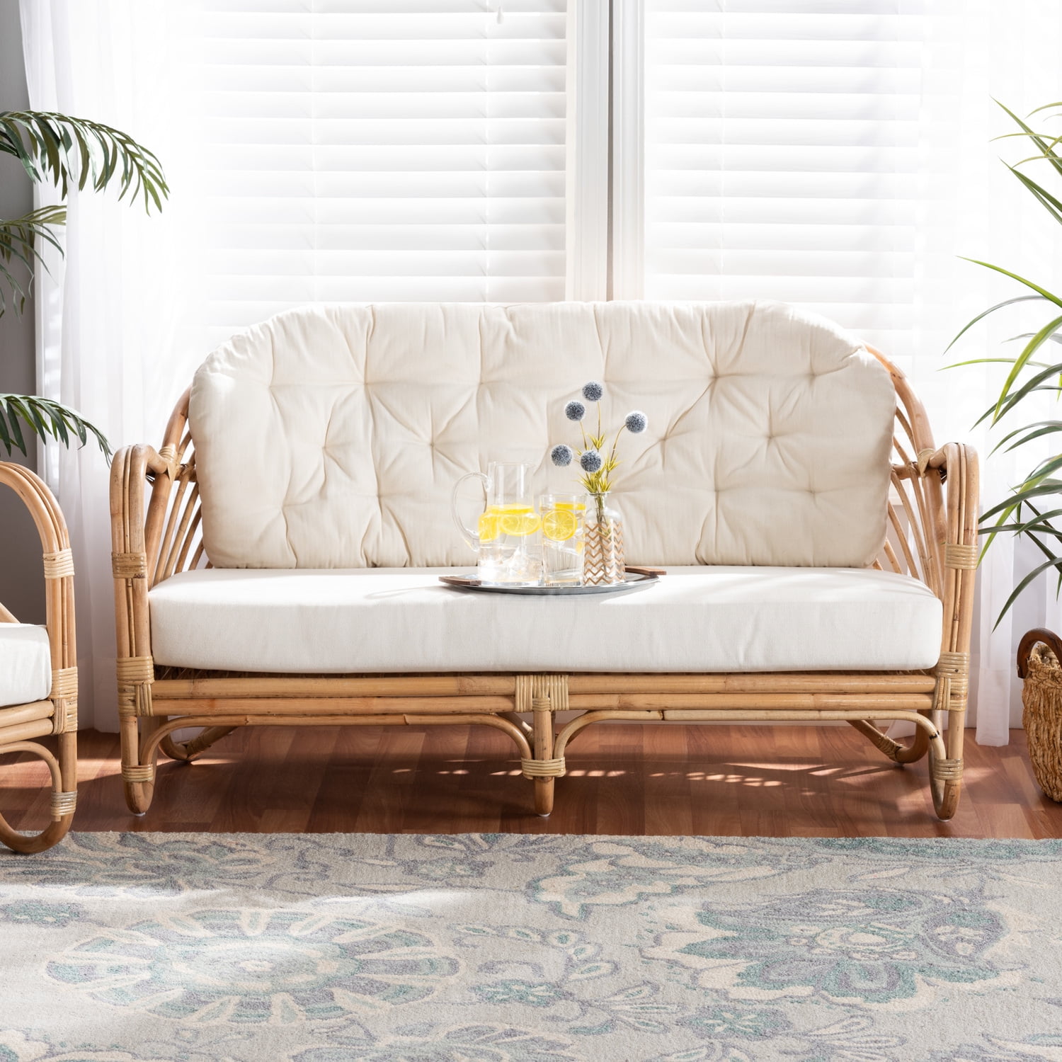 Natural Rattan Loveseat with Tufted Off-White Cushions