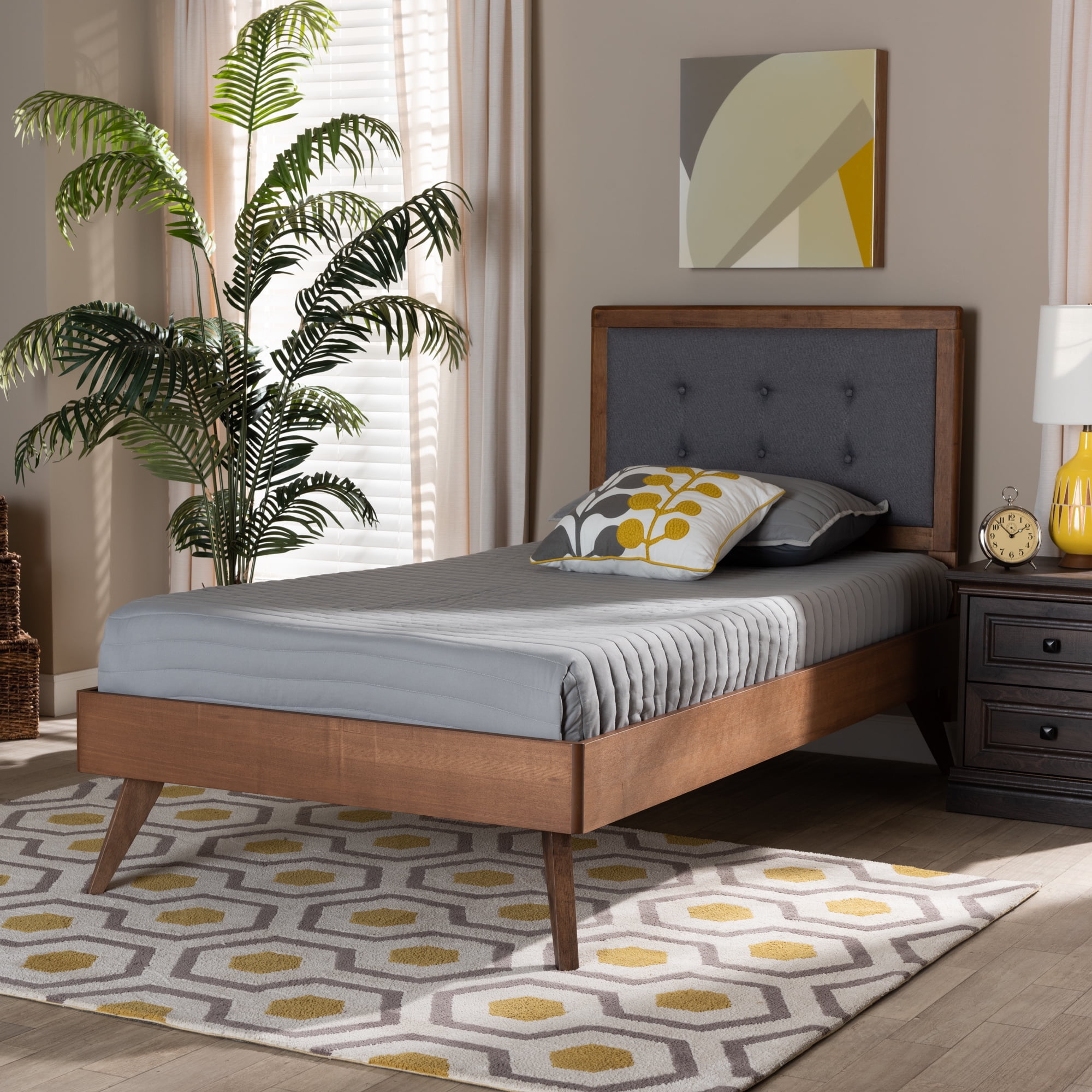 Baxton Studio Alida Mid-Century Modern Dark Grey Fabric Upholstered and Walnut Brown Finished Wood Twin Size Platform Bed