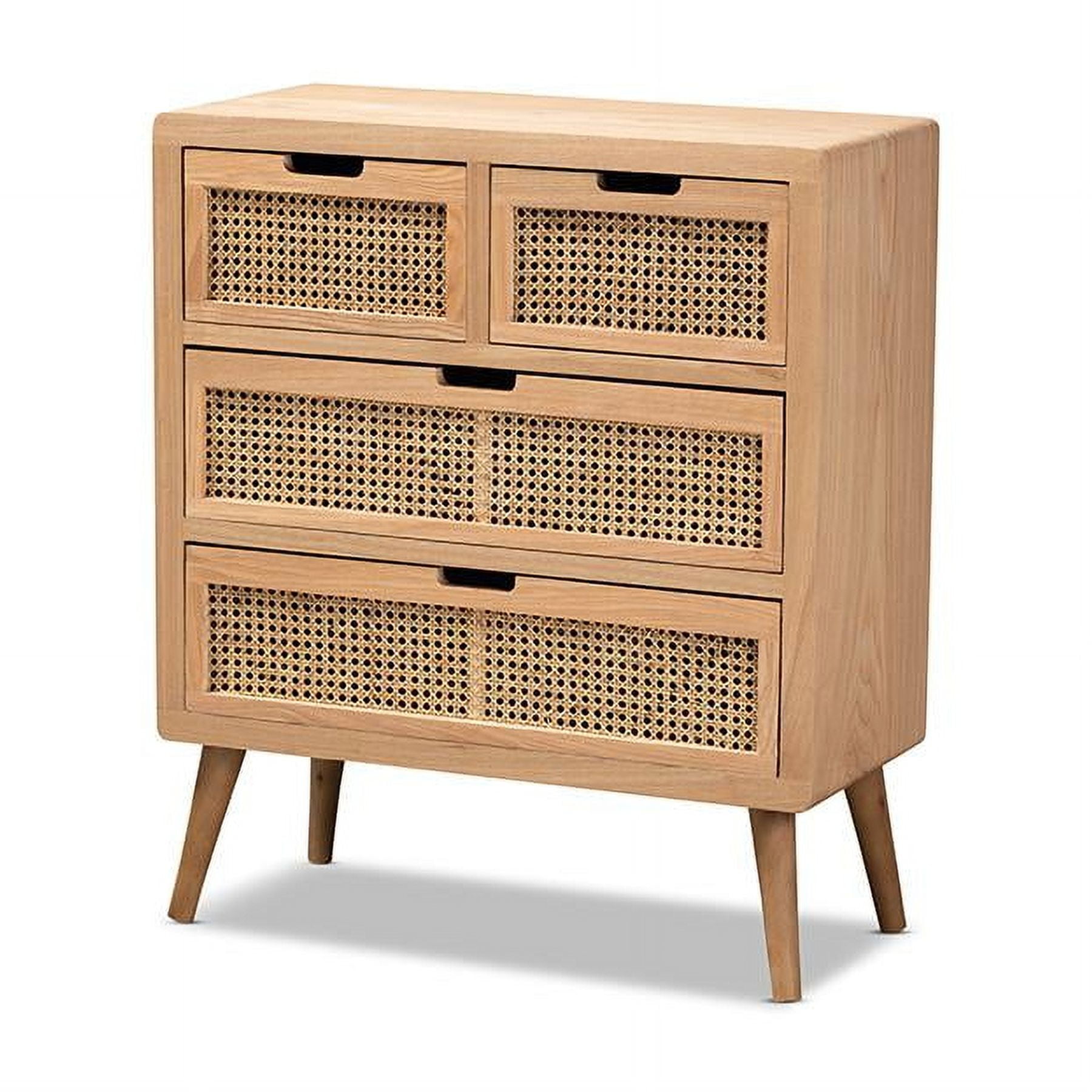 Mid-Century Medium Oak Wood & Rattan 4-Drawer Chest