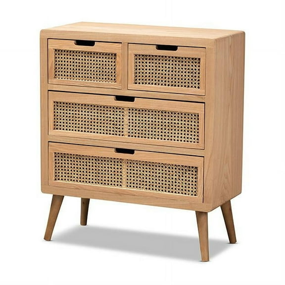 Baxton Studio Alina Medium Oak Finished Wood and Rattan 4-Drawer Accent Chest