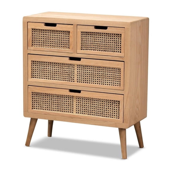 Baxton Studio Alina Medium Oak Finished Wood and Rattan 4-Drawer Accent Chest