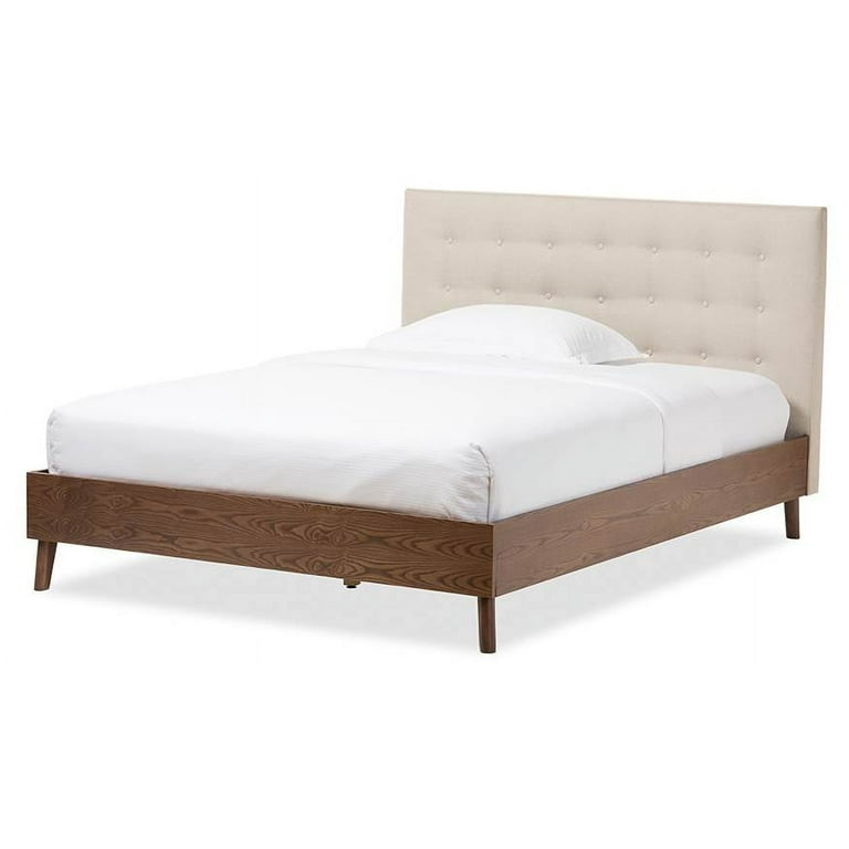 Baxton Studio Alinia Mid-century Retro Modern Light Beige Fabric Upholstered Walnut Wood Queen Size Platform Bed Baxton Studio Alinia Mid-century Retro Modern Light Beige Fabric Upholstered Walnut Wood Queen Size Platform Bed