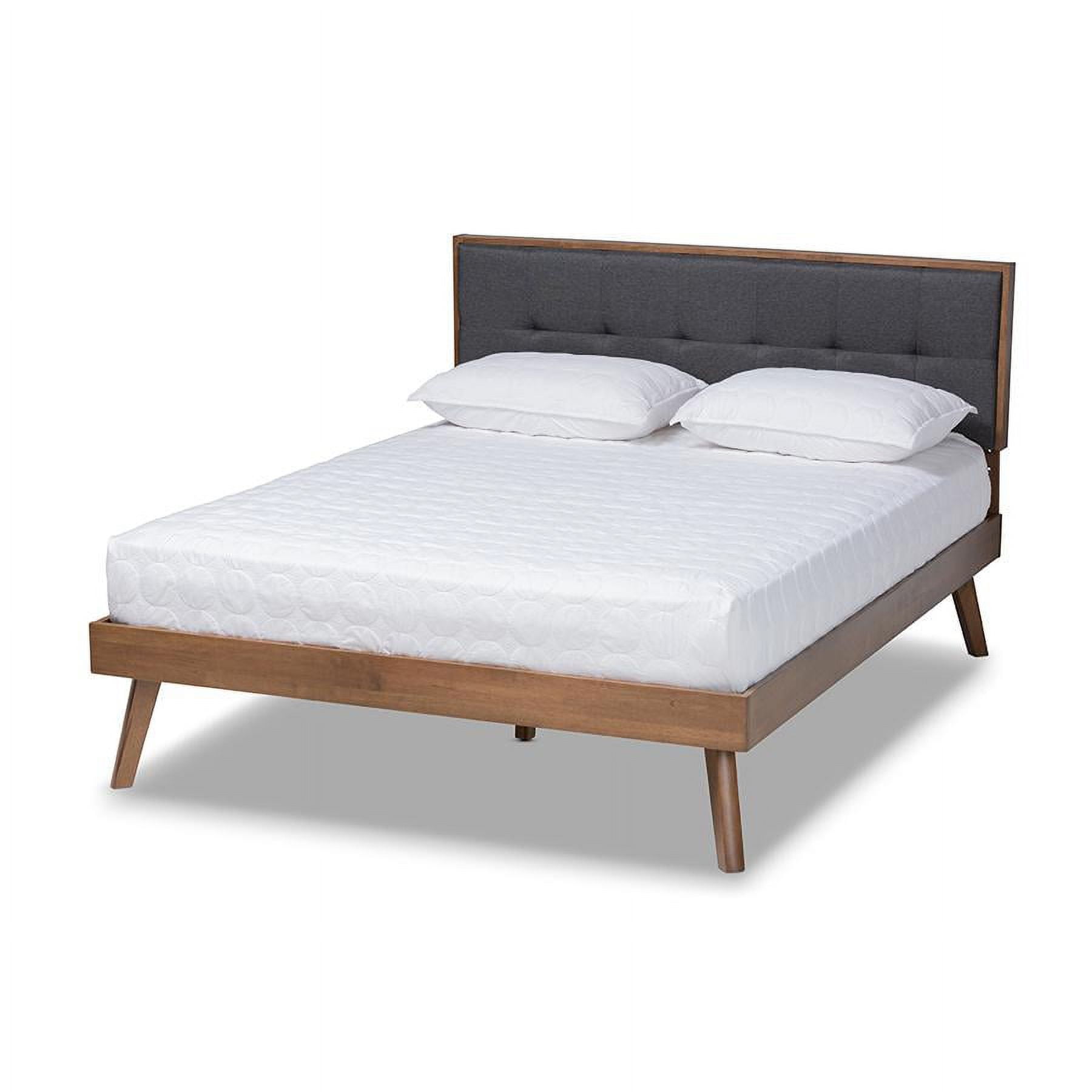 Full Dark Grey Upholstered Walnut Wood Platform Bed