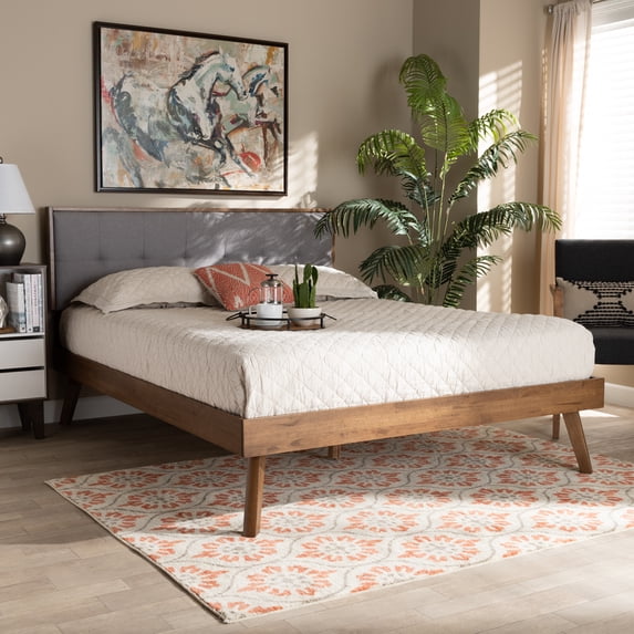 Baxton Studio Alke Mid-Century Engineered Wood Tufted Platform Bed, King, Light Grey/Walnut