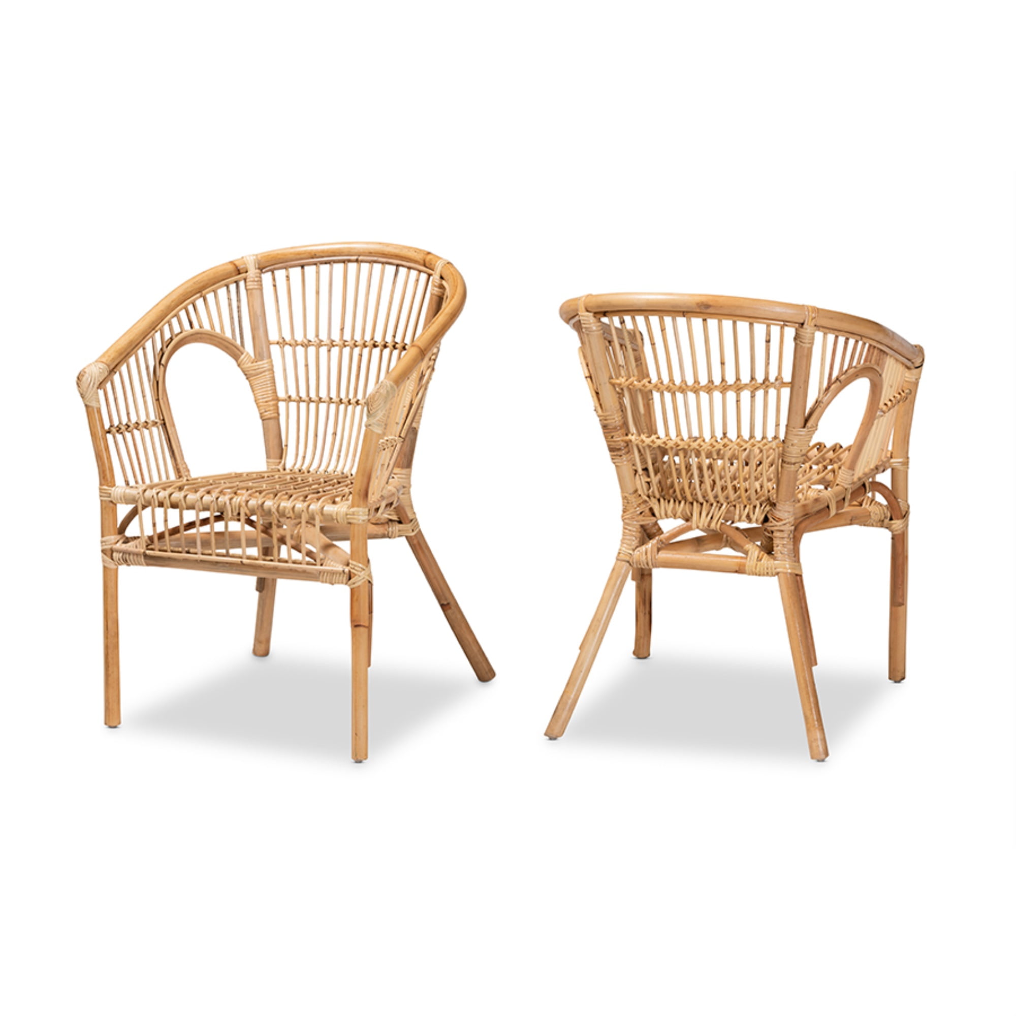 Natural Brown Rattan Slat Back Arm Chair Set