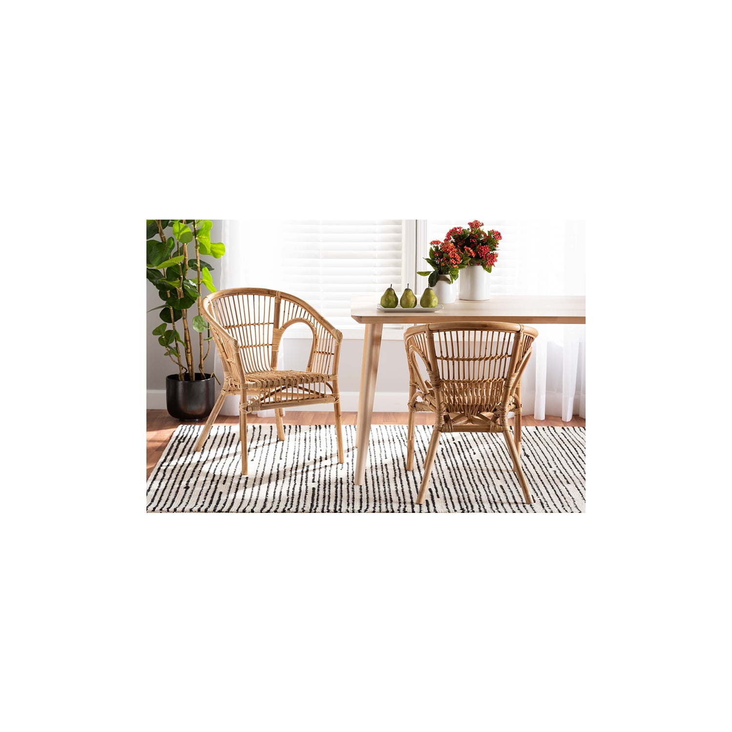 Natural Brown Rattan Slat Back Arm Chair Set
