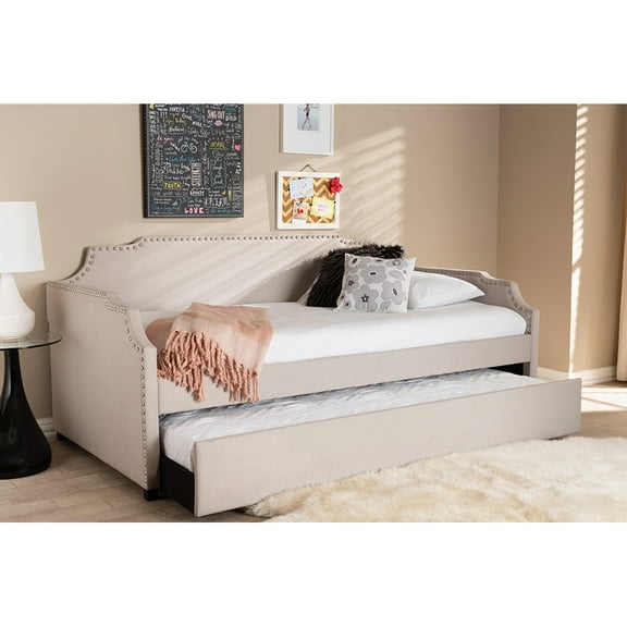 Baxton Studio Ally Modern and Contemporary Beige Fabric Upholstered Twin Size Sofa Daybed with Roll-Out Trundle Guest Bed