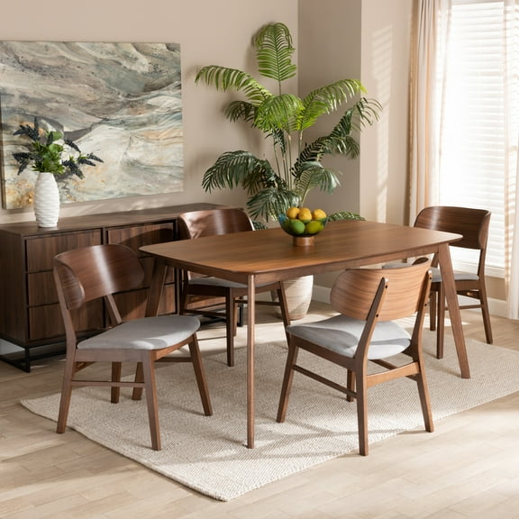 Baxton Studio Alston Mid-Century Modern Grey Fabric Upholstered and Walnut Brown Finished Wood 5-Piece Dining Set