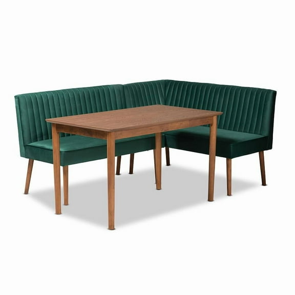 Baxton Studio Alvis Mid-Century Modern Emerald Green Velvet Upholstered and Walnut Brown Finished Wood 3-Piece Dining