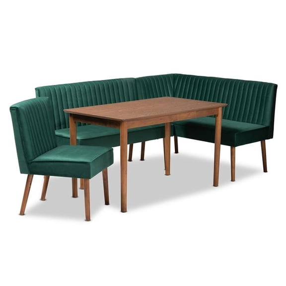 Baxton Studio Alvis Mid-Century Modern Emerald Green Velvet Upholstered and Walnut Brown Finished Wood 4-Piece Dining