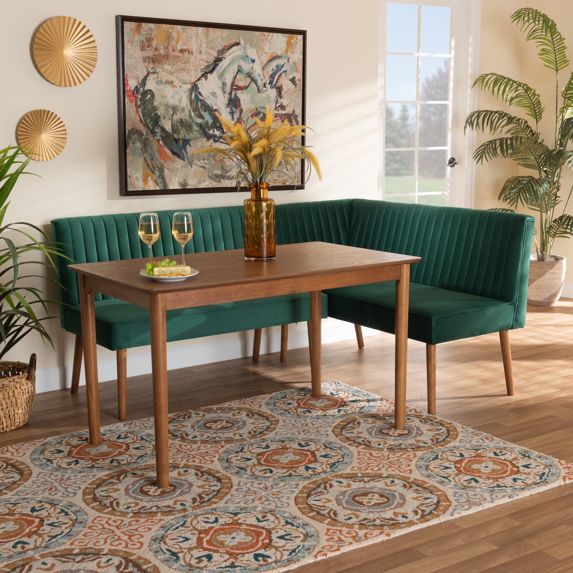 Baxton Studio Alvis Mid-Century Dining Nook Set, 3-Piece, Walnut Brown