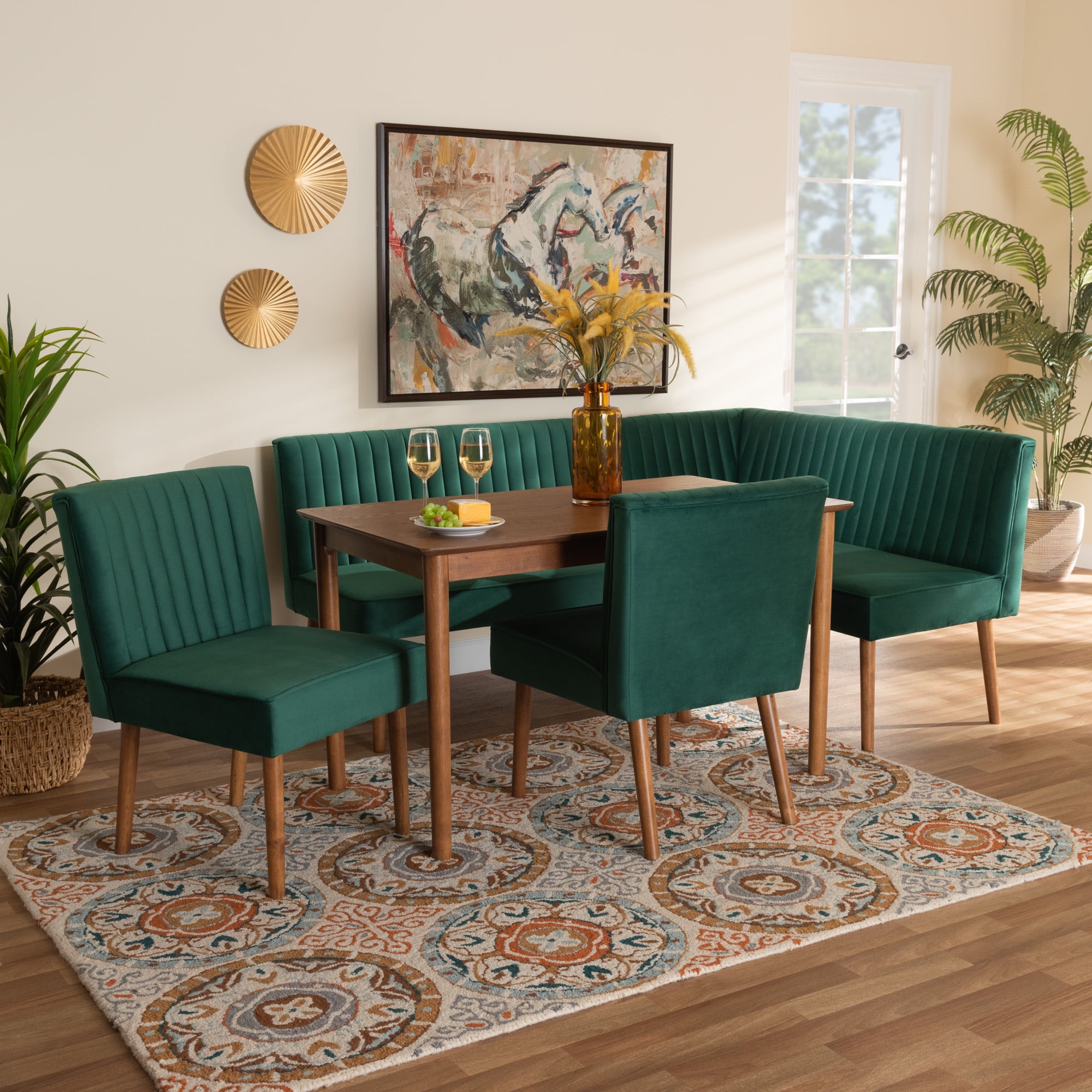 Baxton Studio Alvis Mid-Century Dining Nook Set, 5-Piece, Walnut Brown