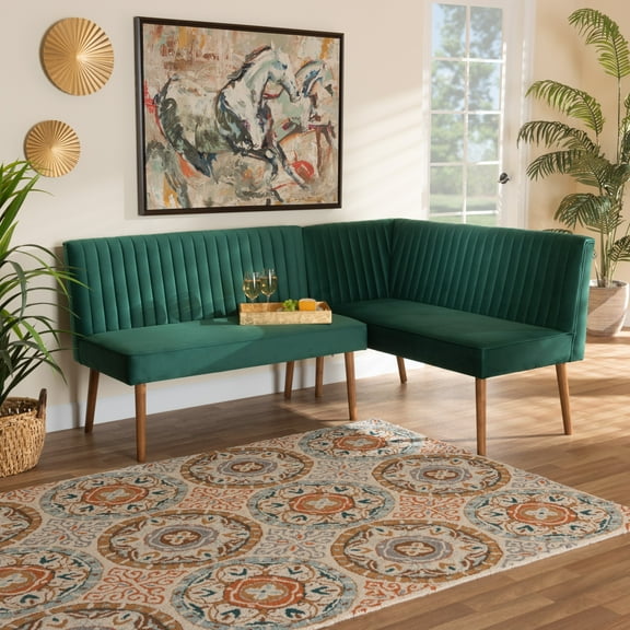 Baxton Studio Alvis Mid-Century Modern Emerald Green Velvet Upholstered Back 2-Piece Dining Corner Bench