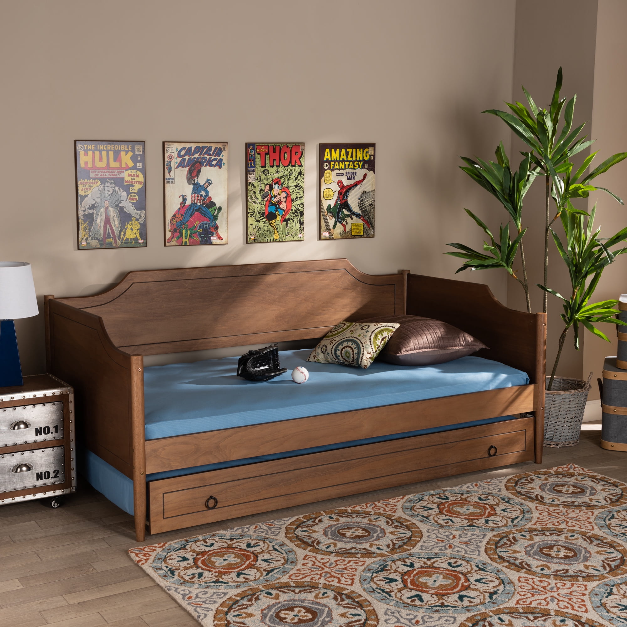 Baxton Studio Alya Classic Traditional Farmhouse Walnut Brown Finished Wood Twin Daybed with Roll-Out Trundle Bed, Walnut/Black