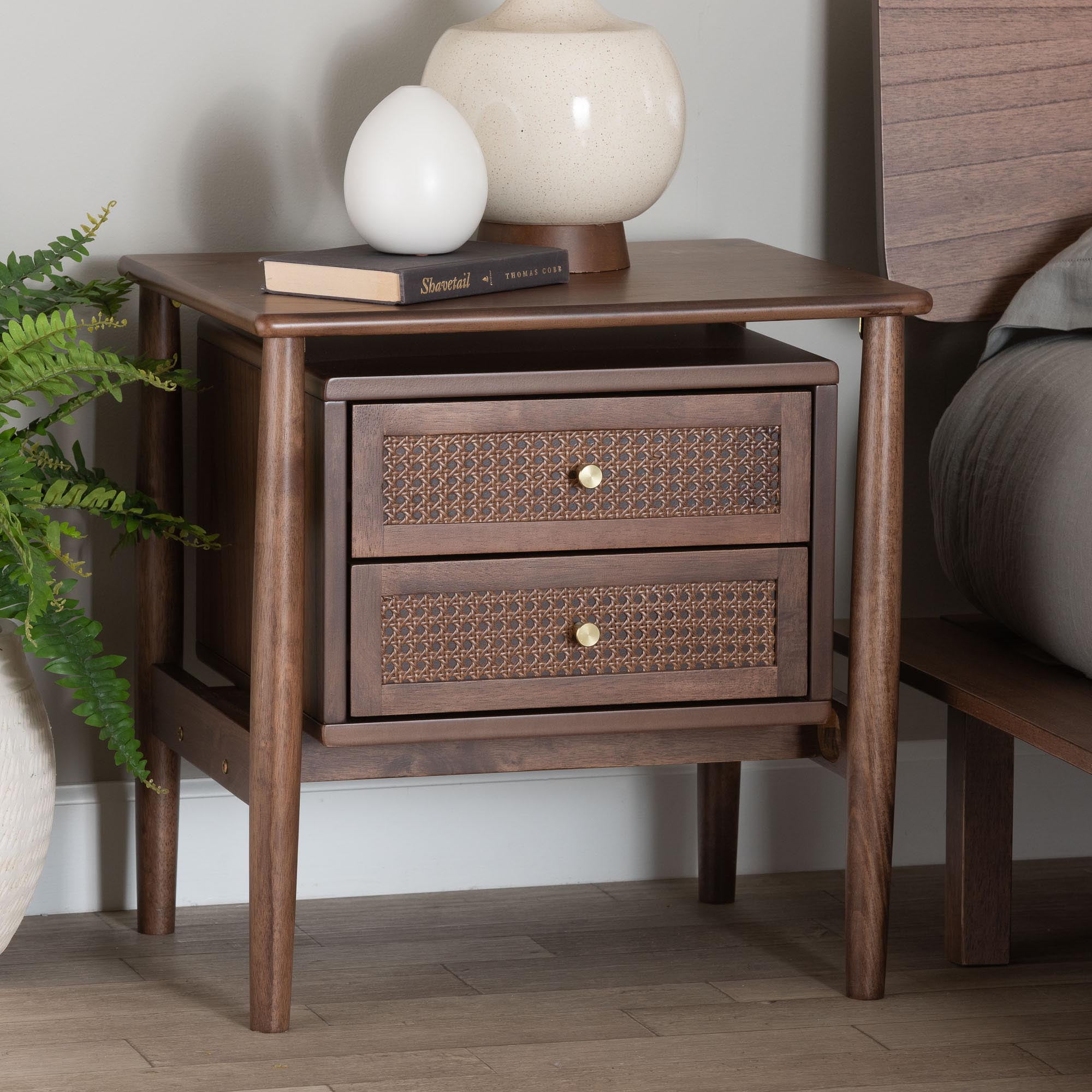 Baxton Studio Alyssa Japandi Nightstand, 2-Drawer, Walnut Brown