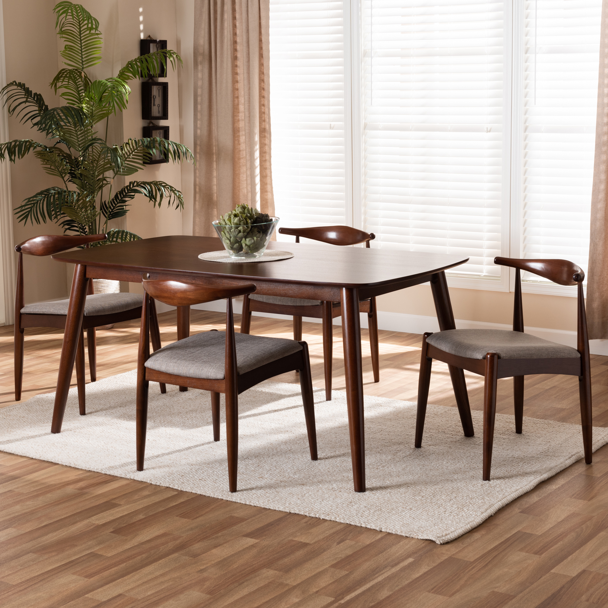 Baxton Studio Amato MidCentury Modern Light Gray Fabric Upholstered Walnut Finished Wood 5Piece Dining Set